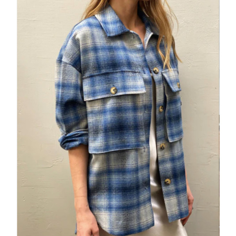Pharaoh Laurel Plaid Blue Flannel Top‎ By Pharaoh Collection NWOT Sz 0 MSRP $365